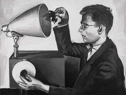 Rose Briccetti, Dr. Robert Galambos discovering echolocation by blasting a bat in the face with this old timey photograph machine, 2021. Courtesy of Freight and Volume Gallery