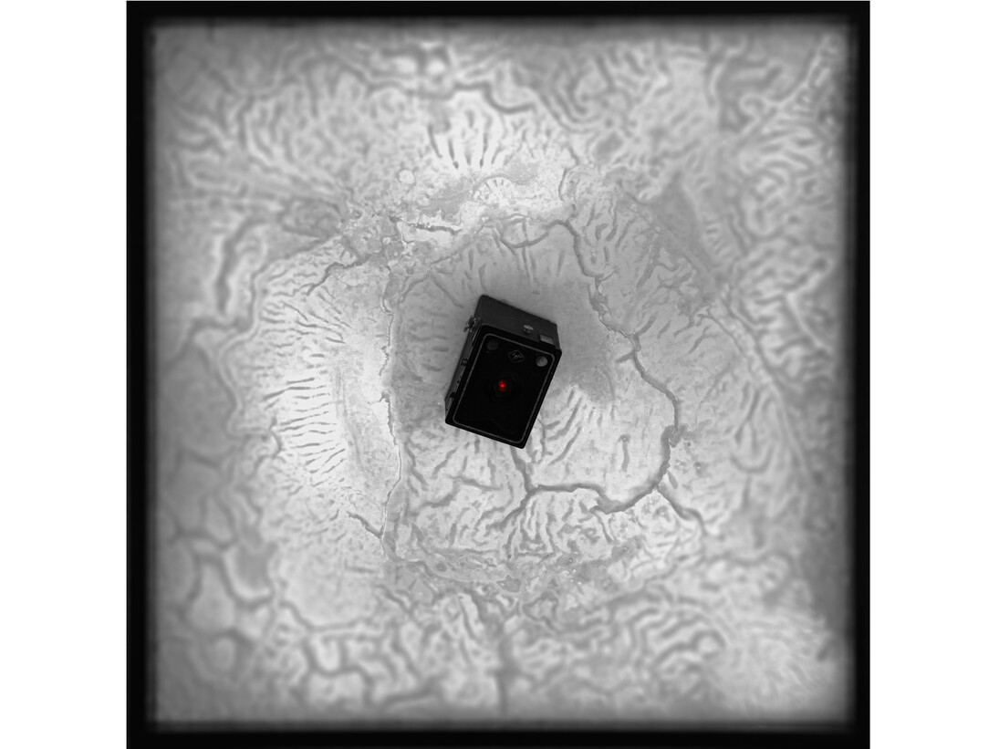 Géraldine Cario, Memory Box III, 72 cm x 72 cm (28,3 inches x 28,3 inches), Bois, résine, paraffine, appareil, photo-leds, 2013