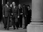 Leopold Sedar Senghor, Senegalese president, leaving Elysee, Paris, with Jacques Foccart, 8 May, 1964