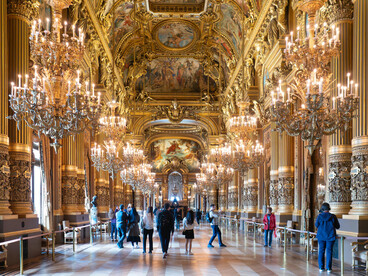 Paris, Île-de-France, France: The Palais Garnier captivates with its lavish golden interiors and timeless architectural elegance