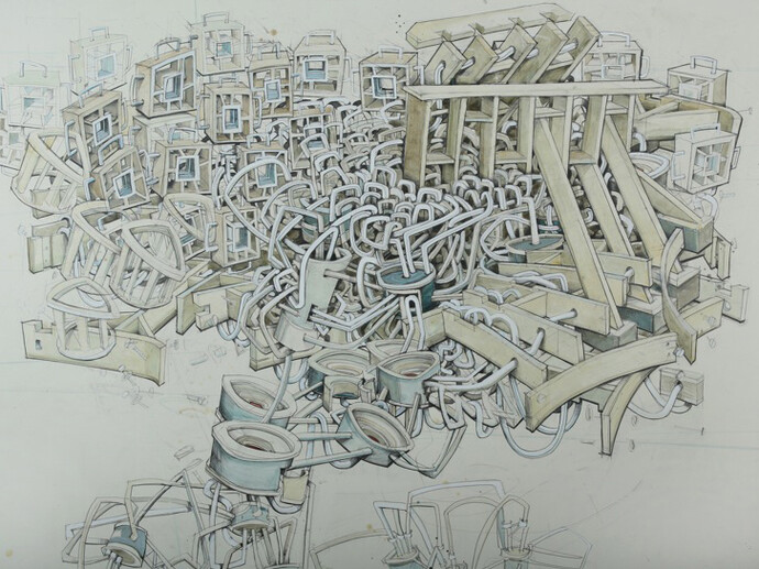 Kiel Johnson, Basic Layout - graphite & watercolor on paper mounted to panel - 42 x 58 - 2014