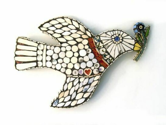 Cleo Mussi, Dove Holding Aricula, found and discarded ceramics, 24cm x 37cm