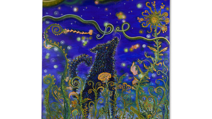 JJ Manford, Moogles Barking at The Moon, 2014, Acrylic, collage, and spray paint on canvas, 74x61 inches