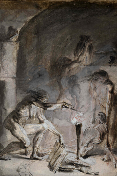 Witchcraft scene, three nude figures in a darkened interior, including figure at right holding a recumbent skeleton by the shoulders, and a female figure at left with left hand holding an open book and right a bone above a flame. c.1780, Inscribed: 'Goya.' attributed to Luis Paret y Alcazar, pen and ink with watercolour. © The Trustees of the British Museum