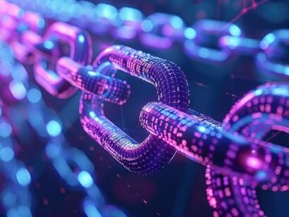 Illustration of a blockchain with links that are interdependent and form a secure, unalterable record, emphasizing the interconnectedness of legal principles (energy) and legal norms (matter) 