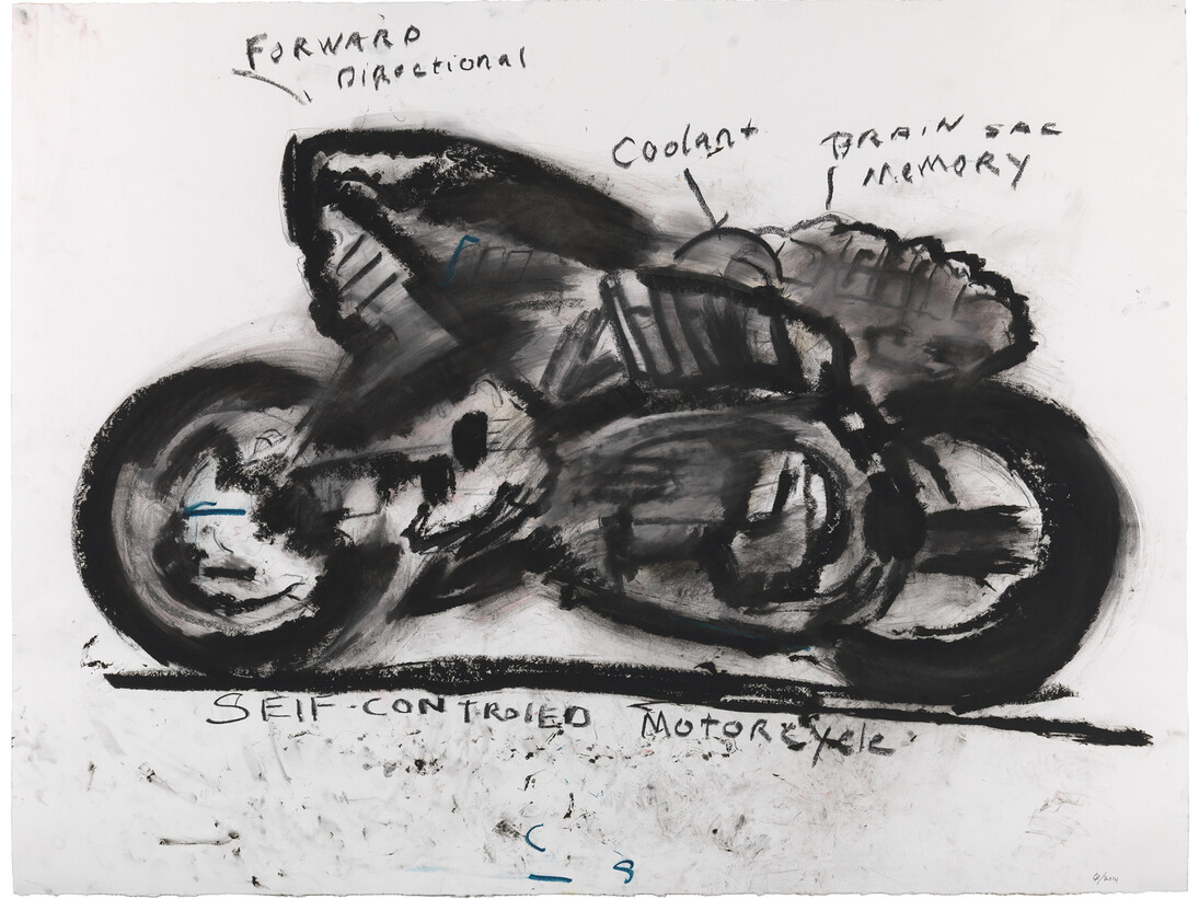 John Scott, Self-Controlled Motorcycle, 2014, Mixed media on paper, 96.5 x 127 cm, 38 x 50 in, (AFG 53531)
(Paintings, Drawings and Pastels), Courtesy of the artist and Flowers Gallery, London/New York
