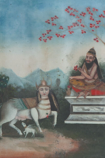 Unidentified Artist, Hybrid burraq-kamdhenu with hermit (detail), c. 1890. Courtesy of DAG