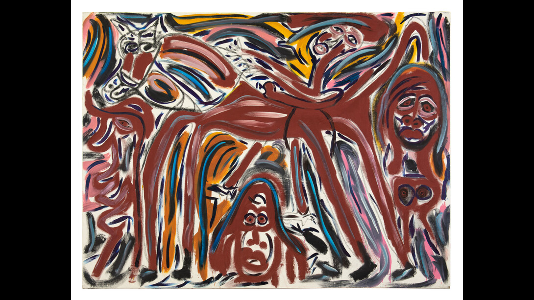 Thornton Dial, Running with the Mule, Running for Freedom, 1990, oil on canvas, 71 1/8x95 1/8x1 5/8 inches. © Estate of Thornton Dial / Artists Rights Society (ARS), New York. Courtesy of the artist and Blum & Poe, Los Angeles/New York/Tokyo