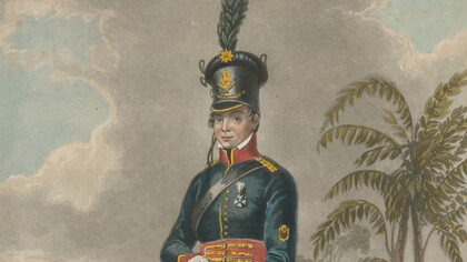 Aquatinta de Maria Quitéria, tenente brasileira e heroína nacional, desenhada por Augustus Earle e colorida/gravada à mão por Finden, 1830. Quitéria é retratada no litoral brasileiro, vestindo uniforme militar com saia xadrez e calça branca, segurando um fuzil