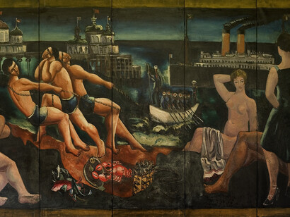 Christopher Wood - Beach Scene with Bathers, Pier and Ships, detail, 1925, oil on  a six-paneled screen, 167.5 x 365.8cm, The Frank Cohen Collection