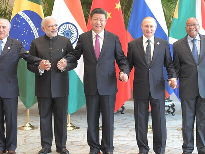 At the 2016 BRICS leaders' meeting, from left to right: President Michel Temer of Brazil, Prime Minister Narendra Modi of India, President Xi Jinping of China, President Vladimir Putin of Russia, and President Jacob Zuma of South Africa