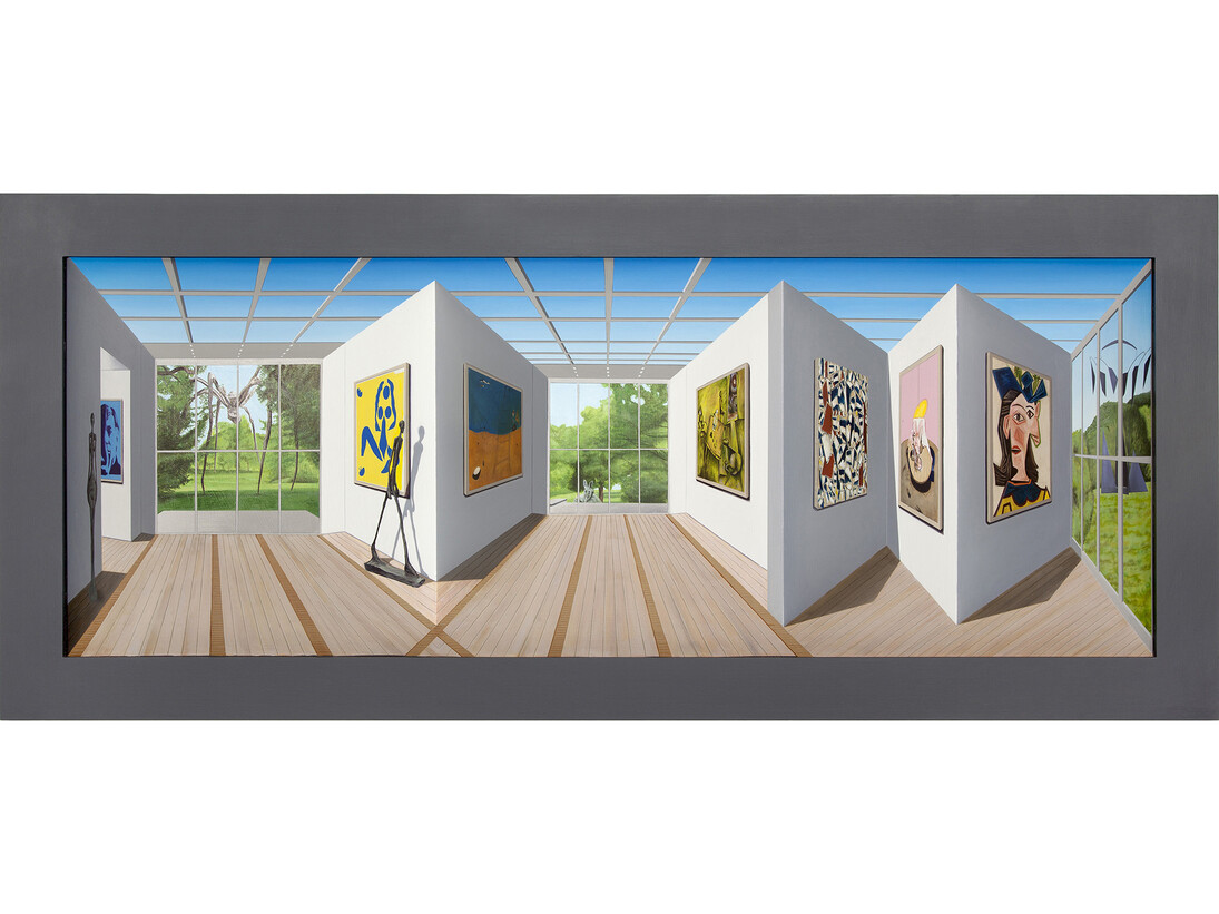 Patrick Hughes, The Beyeler and Beyond, 2015, Oil on board construction, 58.5 x 158.5 x 23 cm, 23 1/8 x 62 3/8 x 9 1/8 in, Framed:76.5 x 176.5 x 24 cm / 30 1/8 x 69 1/2 x 9 1/2 in, courtesy of Flowers Gallery, London and New York