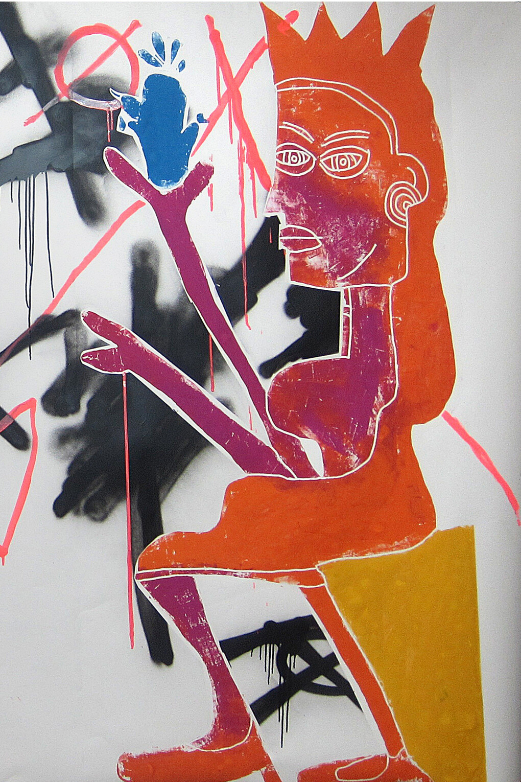Cedar Lewisohn Untitled(Mesopotamian and Egyptian Gods) Hand Pressed Woodcut on paper with spray paint and ink 2013 