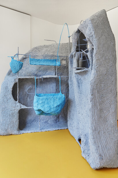 Detail of Roost, Installation, 2018. Steel, mesh, chicken wire, newspapers, glue, plaster, paint, 228 x 170 x 160 cm. Credit: Corey Bartle- Sanderson