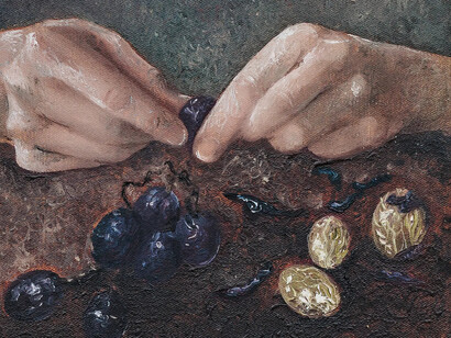 Julia Szczerbowska, Peeling grapes (bitterness) (detail), 2025. Courtesy of Galerie Lisa Kandlhofer. Photo by Manuel Carreon Lopez