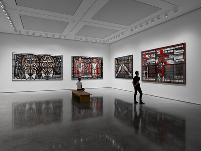 Gilbert & George, Scapegoating Pictures for London, White Cube Bermondsey, 18 July - 28 September 2014, © Gilbert & George. Photo: Jack Hems. Courtesy White Cube
