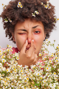 A woman surrounded by daisies, experiencing an allergic reaction while smelling the scent of the flowers