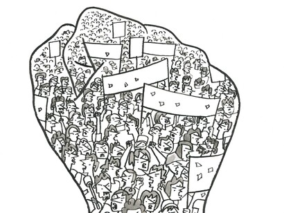 Ilustración de Micäel Queiroz de un puño formado por personas que protestan y alzan su voz