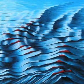 Anna VanMatre. Lazure Blue Red. 2015. Acrylic on cut canvas with red background. 40 x 30 inches