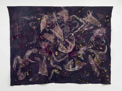 Ann Shostrom, “Market Place” 2014 108” x 144”, cotton, dyes, bleach prints, wax, acrylic