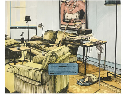 William Buchina, Interior Scene #4, Producing A Loaf of Bread, 2023, ink on paper 48x60 inches. Courtesy the artist and Leila Heller Gallery