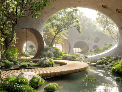 Immagine generata da Midjourney che illustra la fusione di futurismo e architettura organica