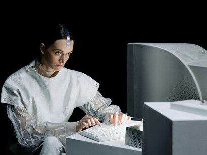 A robotic woman in a white top using a computer in a futuristic setting