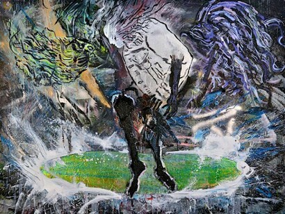 Shanna Waddell, "Bob (Satan)" 2013. Oil, spray paint and gift wrap on canvas, 67.5 x 90 in. Courtesy the artist and Thomas Erben Gallery, New York.