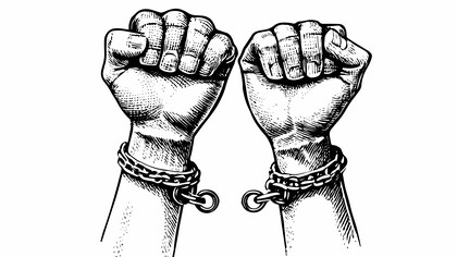 Broken shackles on raised wrists represent liberation and the triumph of the human spirit in the pursuit of freedom