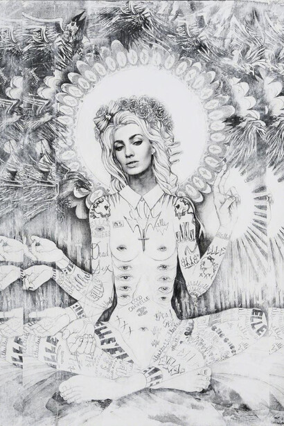 Elle, Lana, 2014, ink, graphite, acrylic on panel, 60 × 48 in., 152.4 × 121.9 cm