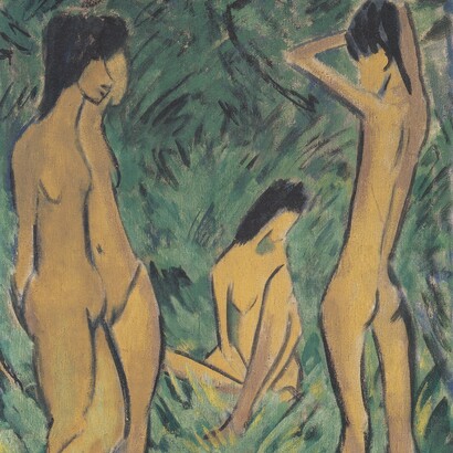 Otto Mueller, "Giovane davanti a due ragazze in piedi e una seduta", ca. 1918, dettaglio. Olio su tela. Kunsthalle Emden, Emden, Germania