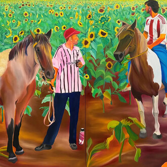 Navot Miller, Santi & Pedro in the sunflower field (detail), 2026. Courtesy of Yossi Milo Gallery