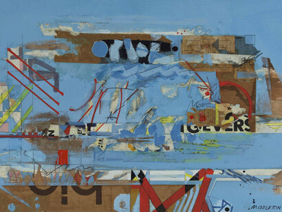 Sam Middleton, London Bridge (detail), 1981. Mixed media and collage on paper, 20 1/4 × 30 1/2 inches. Courtesy of Spanierman Modern