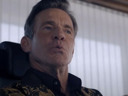 Dennis Quaid as Harvey in Substance, embodying the slick menace of beauty culture gone wrong