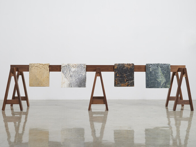 Analia Saban, Draped Marble (Jade, St. Laurant, Fior di Pesco, Emperor Gold), 2015, marble mounted on steel on wooden sawhorses, 37 1/2 x 150 x 32 inches; 95.3 x 381 x 81.3 cm (overall)