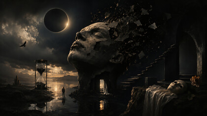 A surreal landscape reflecting themes of time, fragmentation, memory, and emotional transformation inspired by contemporary existential poetry