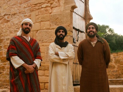 Three men standing together in traditional North African attire, representing cultural heritage and collective identity through dress