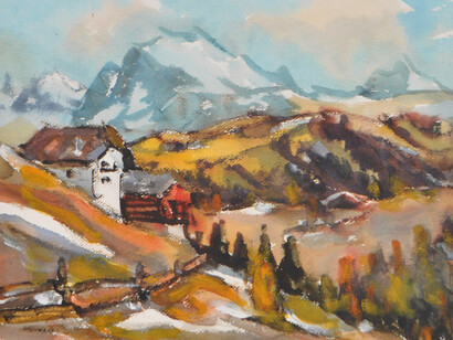 Hubert Mumelter, "Herbstlandschaft". Le sue pennellate acquarellate trasmettono una luce tenue e una qualità atmosferica che evocano il candore dell’inverno, l’intimità dei borghi e la quiete delle vallate alpine