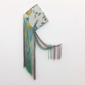 Aiko Tezuka, Talisman (system). Embroidery with threads extracted from readymade fabric, 53 1/8 x 28 3/4 inches. Courtesy of Maybaum Gallery