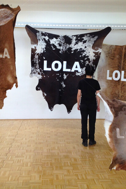 Stefano Cagol , The Cow Lola , 2010. Site-specific Installation, 6 skins of different animals shaved and painted , environmental dimensions. Private collection Innsbruck
