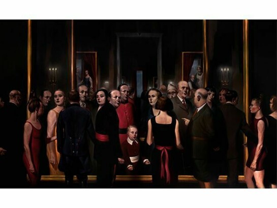 Ken Currie, The Viewing, 2013, oil on canvas, 96 x 156 inches (in two sections), Courtesy of Flowers Gallery