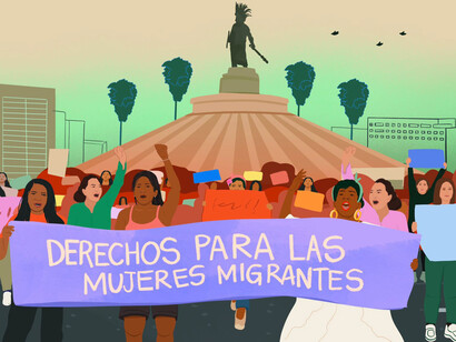 Tampoco facilitan el acceso a medios digitales que posibiliten una participación plena en las sociedades, una distribución más equitativa de los trabajos de cuidados ni estancias regulares en los países de llegada para las personas migrantes. Ilustración de Michelle Mildenberg