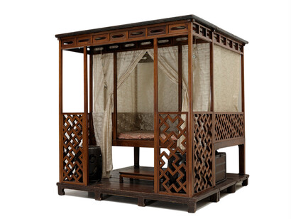 Huanghuali wood with 19th century painted soft wood base and canopy, silk gauze curtains and silver hooks, 91 x 86 1/4 x 84 1/4 inches. Purchase: William Rockhill Nelson Trust, 64-4/4.