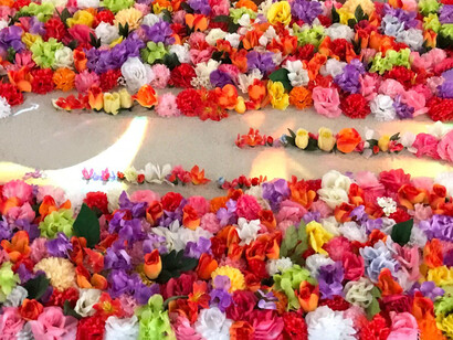 Alfonso Ureña; «A veces simplemente tengo que dejar ir», 2021, flores artificiales y una proyección de video. Foto LFQ