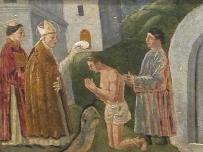 Lorentino d’Andrea, *Madonna con Bambino, san Gaudenzio e beato Columato*, 1482, predella, *San Gaudenzio battezza presso la Fonte Tuta*, Museo Nazionale d’Arte Medievale e Moderna di Arezzo  
