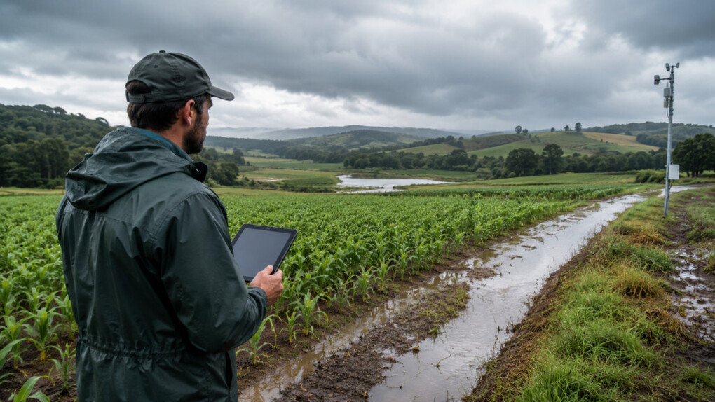 Um homem acompanha as condições de uma lavoura de milho após chuvas intensas, enquanto uma estação meteorológica se destaca ao fundo. O monitoramento climático e o planejamento antecipado estão entre as estratégias recomendadas pela Embrapa para reduzir os riscos do El Niño sobre a agropecuária