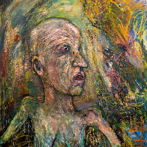Miriam Beerman, Shower II, 1999, 68x60 inches, oil on canvas, mixed media
