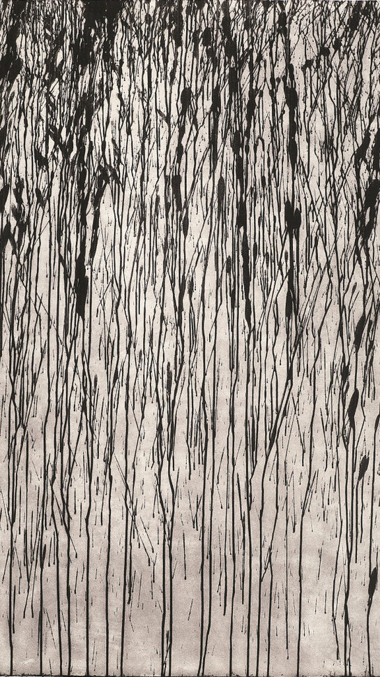 Richard Long, The Shaskeen Reel, 2014, A single panel carborundum relief printed in Black/Ultramarine Blue ink mix on Hahnemühle Etching White 350 gsm paper, 194 x 121.5 cm, Edition of 3, Courtesy Richard Long and Alan Cristea Gallery, London