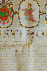 Incipit del diploma di laurea in medicina e filosofia, con il nome d'Ulisse Aldrovandi, pergamena, sigillo di ceralacca con Santa Caterina d'Alessandria, rilasciato dall'Università di Bologna a Lelio Vincenti nel 1587