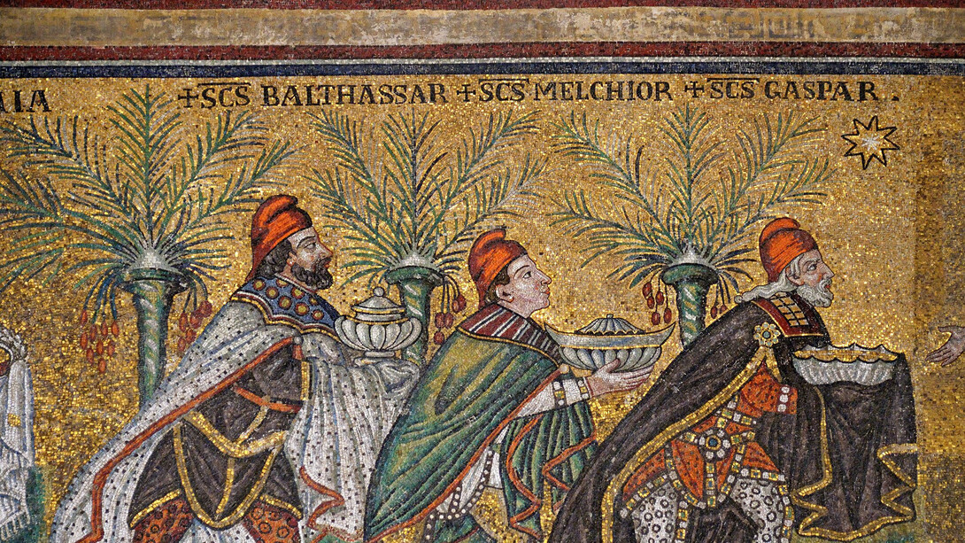 ''Three Wise Men from the East''. Part of the mosaic on the left wall of the Basilica of Sant'Apollinare-Nuovo. Ravenna, Italy